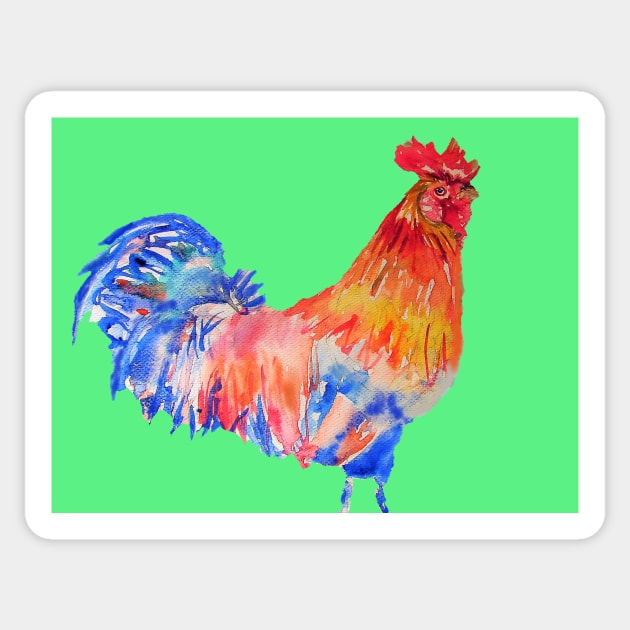 Rooster Chicken Watercolor Painting on Green Sticker by SarahRajkotwala